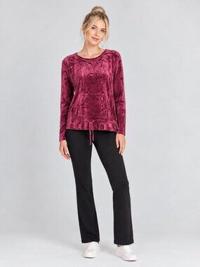 J. Jill Purejill Crushed Velvet Sweatshirt Kangaroo Pocket Burgundy #A4611